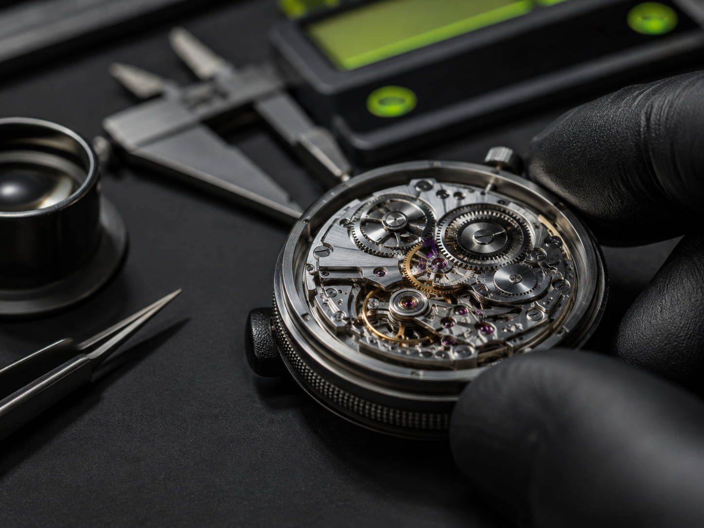Mechanical watch movement under inspection